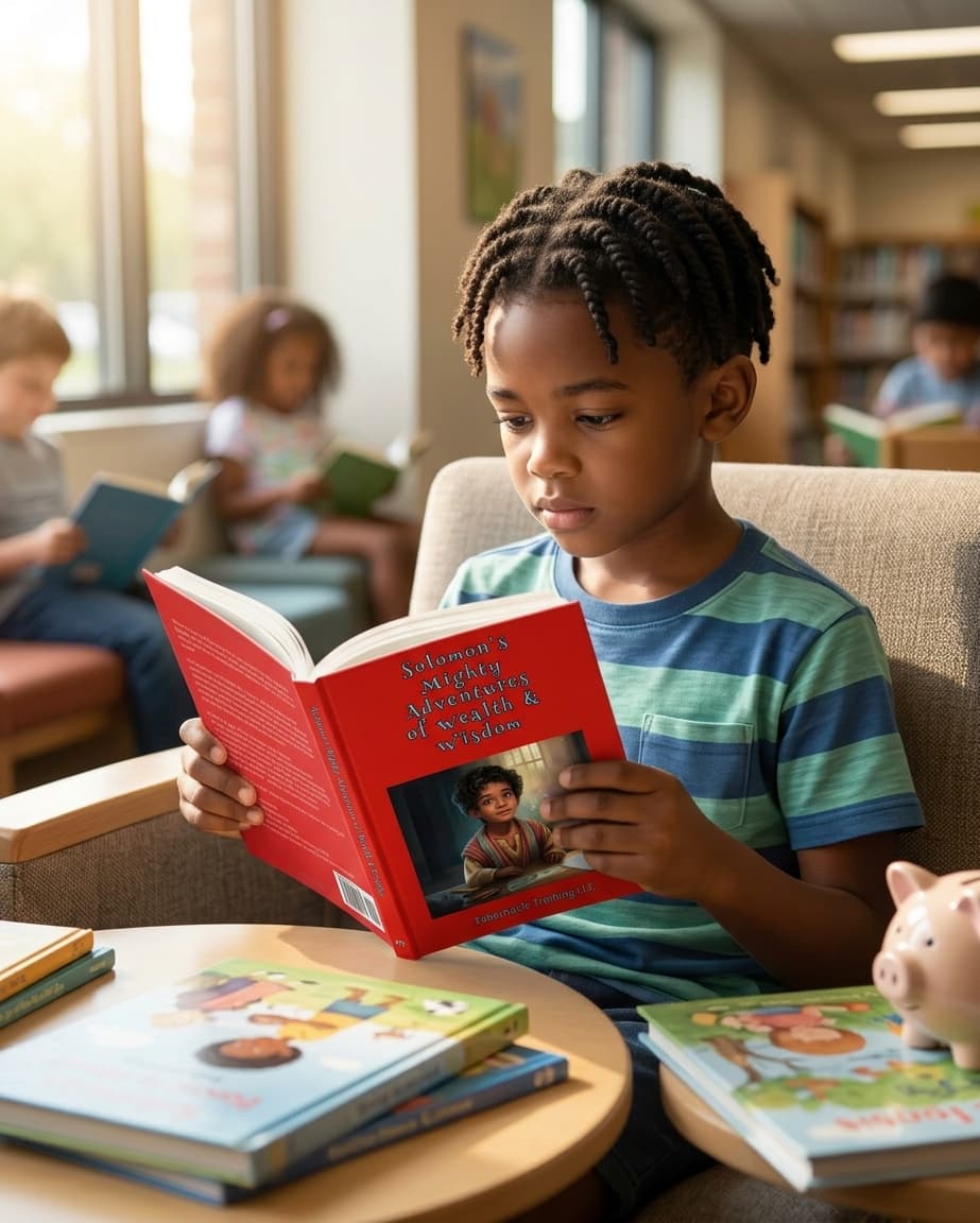 Illustration of a young reader holding the red Solomon paperback