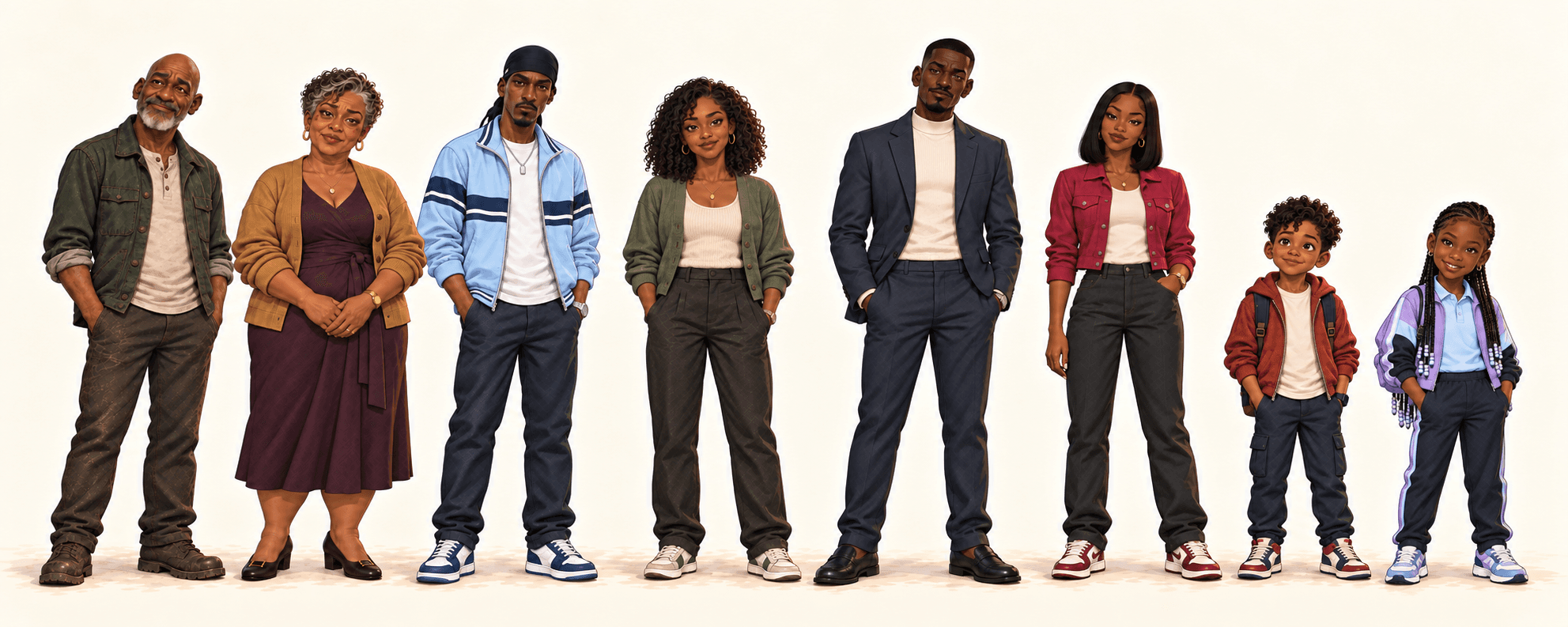 Founder-approved character lineup for The Block showing Joe, Rebecca, Ace, Rachel, Dre, Mae, Lil Journey, and Katia